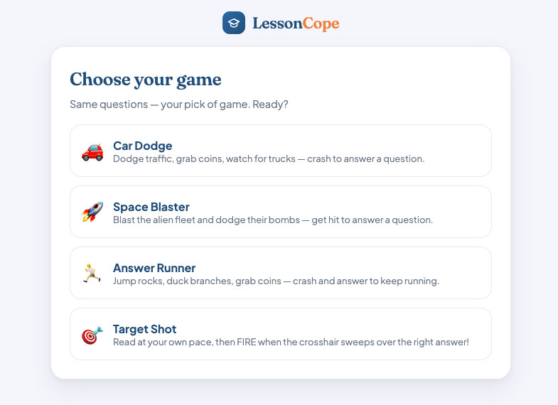 Game selection screen generated by LessonScope