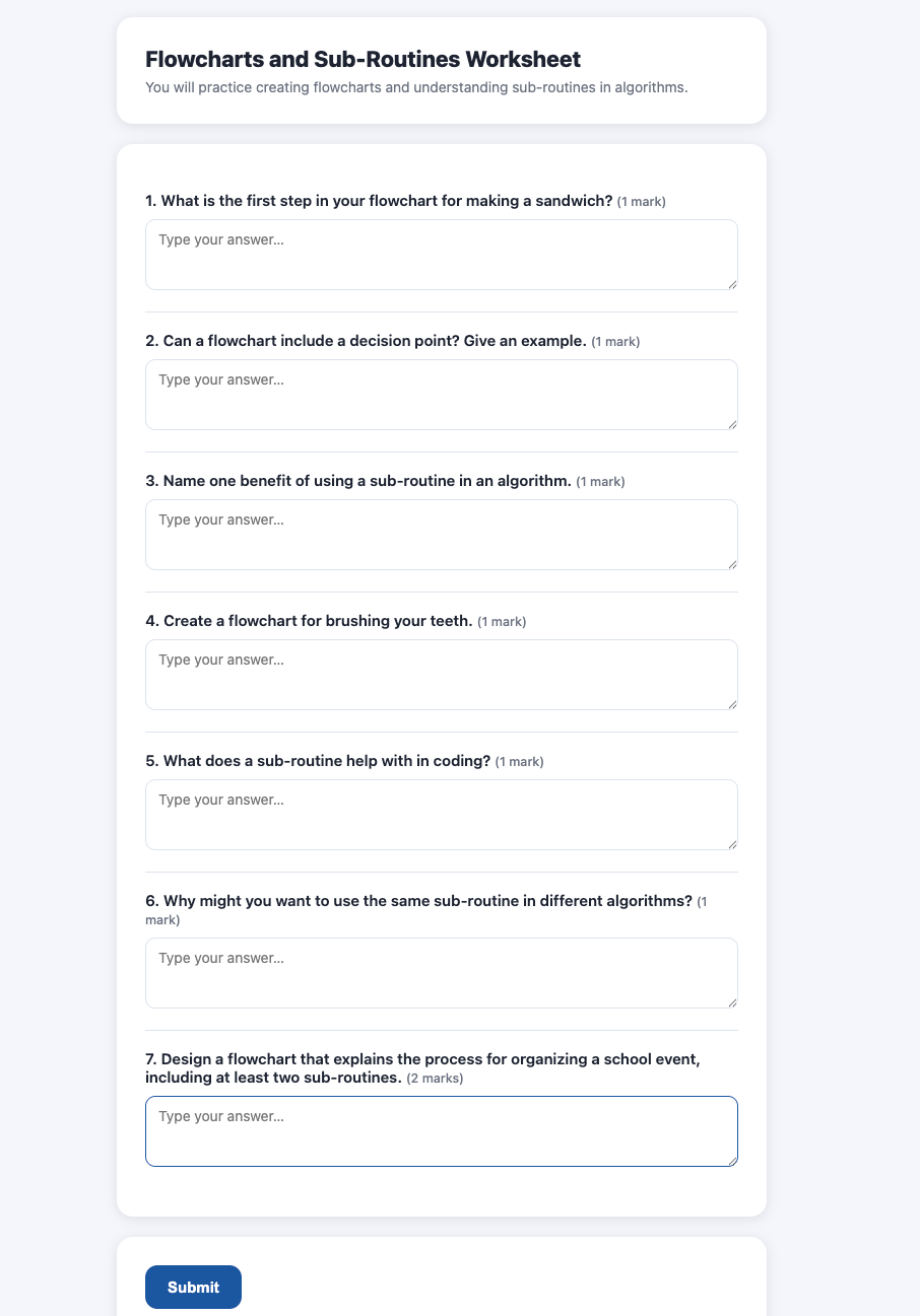 Flowcharts and Sub-Routines worksheet generated by LessonScope
